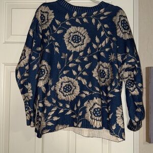 Floral Printed Knit Sweater in Blue and Cream